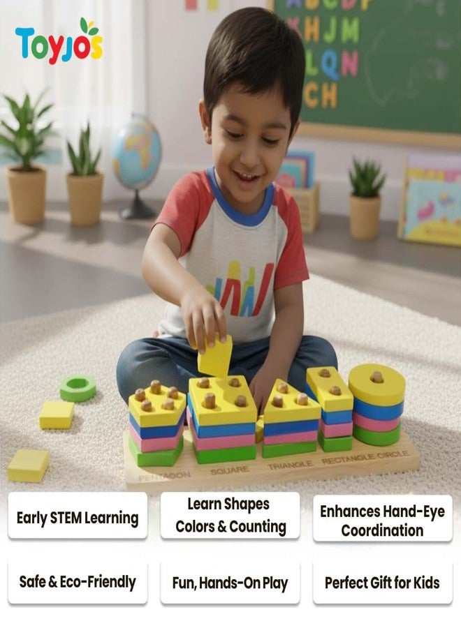 TOYJOS Kids Wooden Pattern Block Educational Toy Set | Multicolor Angle Geometric Shape Sorter and Stacking Puzzle Game | Montessori Learning Toy for Preschool Boys and Girls (Ages 1 to 5 Years) - Image 4